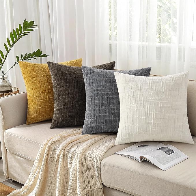 decorUhome Mustard Yellow Chenille Throw Pillow Covers 24x24 Set of 2 Thick Textured Slubby Couch Pillow Covers Farmhouse Accent Modern Neutral Decorative Pillow Cases for Bed Sofa Living Room