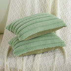 FUTEI Sage Green Striped Decorative Throw Pillow Covers 12x20 Inch Set of 2,Rectangle Winter Decorations Couch Lumbar Pillowcase,Soft Cozy Faux Rabbit Fur & Velvet Back,Modern Home Decor for Bed
