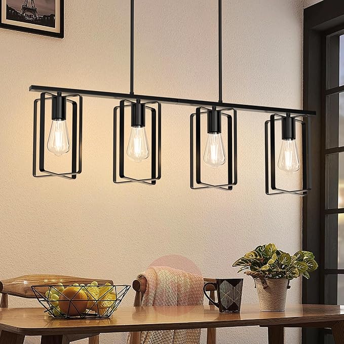 4-Lights Farmhouse Kitchen Light Fixtures Over Island, Adjustable Height Dining Room Chandelier Over Table with Flexible Shade, Hanging Pendent Lighting Over Bar, Black