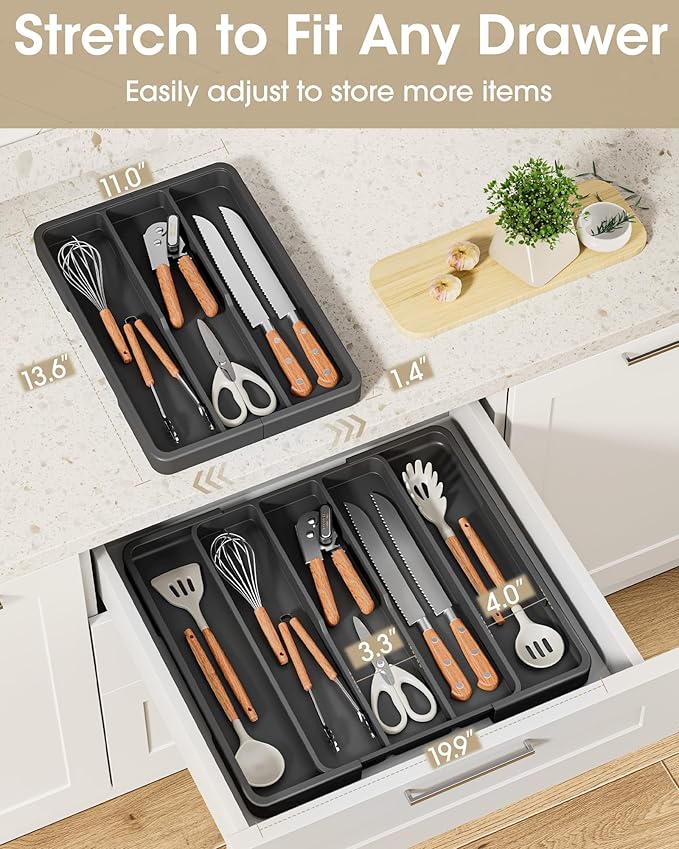 Aujen Silverware Organizer - Expandable Utensil Drawer Organizer with Non-Slip Pads, Adjustable Kitchen Drawer Organizer For Home, Apartment and Kitchen Essentials, Black, 13.6" x 1.4" x 11.0"~19.9"