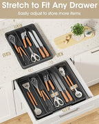 Aujen Silverware Organizer - Expandable Utensil Drawer Organizer with Non-Slip Pads, Adjustable Kitchen Drawer Organizer For Home, Apartment and Kitchen Essentials, Black, 13.6" x 1.4" x 11.0"~19.9"