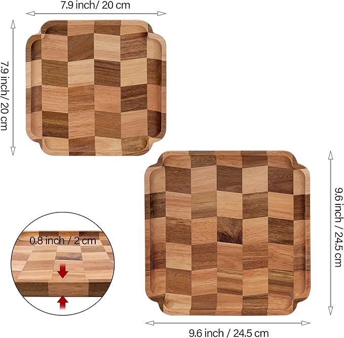 Wood Serving Trays - Set of 2 Square Serving Platters, Wooden Decorative Board Charcuterie Boards for Serving Breakfast Dinner Appetizers Coffee BBQ Party (1 x 9.6 in, 1 x 7.8 in)