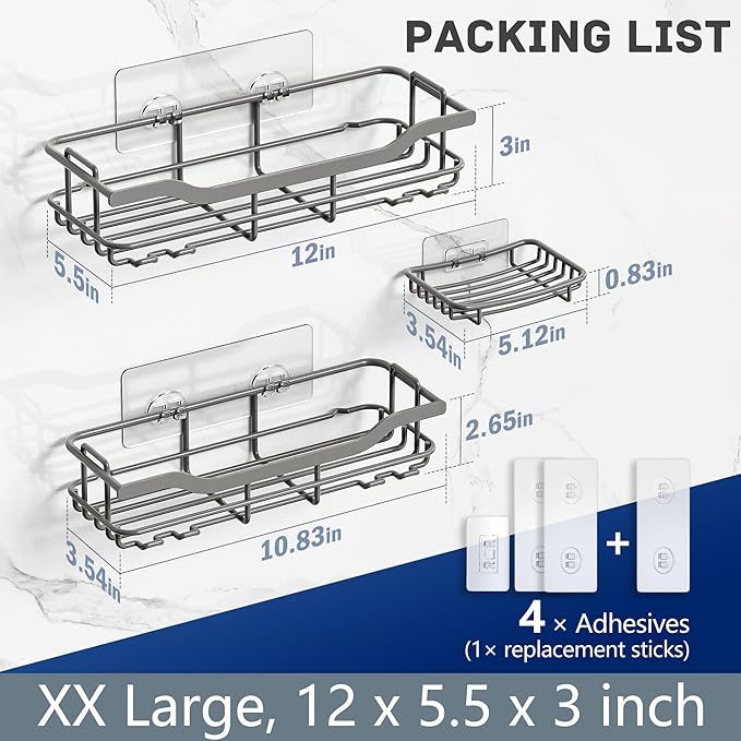 OMAIRA 3-Pack Shower Caddy with Soap Holder, Adhesive Rustproof No-drill Strudy Loading Inside Shower Organizer Shelves Rack Storage Bathroom Organization for Smooth Wall Glass Tile, Grey (X-Large)