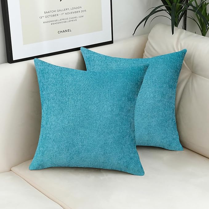 Jeneoo Decorative Turquoise Blue Throw Pillow Covers Rustic Farmhouse Square Chenille Soft Comfy Kids' Cushion Couch Cases for Sofa Living Room (Set of 2, 14 x 14 Inches)