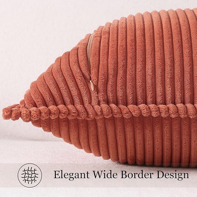 Mecatny Corduroy Fall Throw Pillow Covers 20x20 Set of 2, Neutral Decorative Soft Burnt Orange Boho Couch Pillow Covers with Broadside for Sofa Living Room, Rust