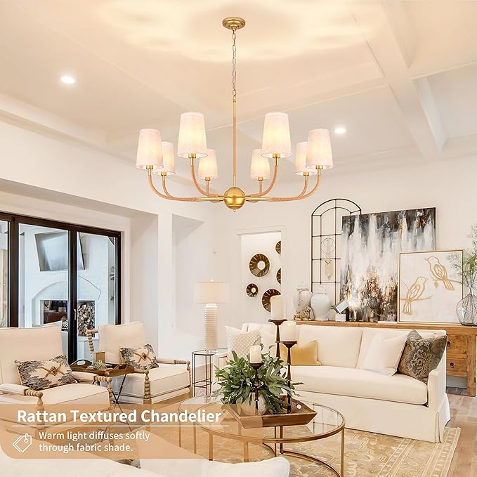 39" Gold Boho Fabric Chandelier for Living Room 8-Light Large Coastal Boho Pendant Light Fixture Bedroom Adjustable Rustic Farmhouse Chandeliers for Dining Room Kitchen Island Foyer