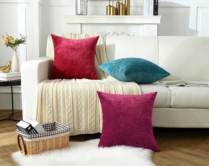 Jeneoo Bright Red Decorative Throw Pillow Covers Soft Chenille Comfy Solid Couch Cushion Cover Decor (Set of 2, 20 x 20 Inches)