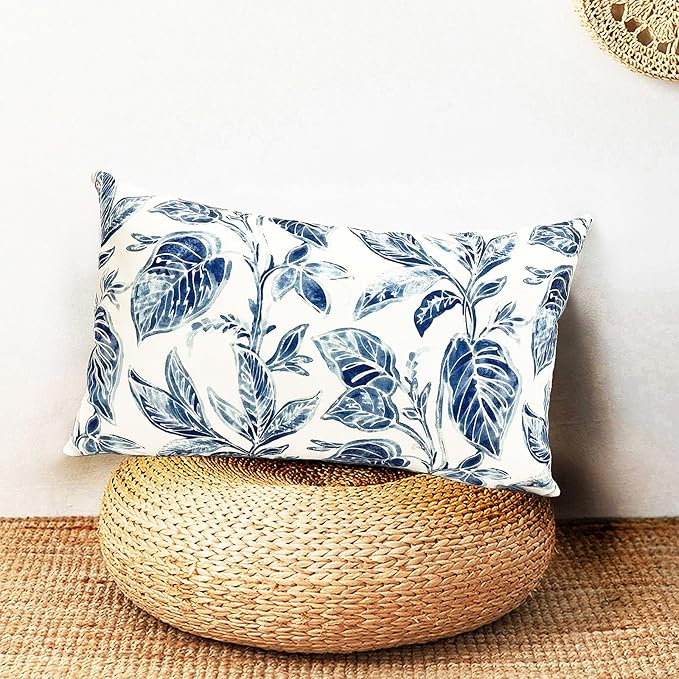 Decorative Throw Pillow Covers Set of 2 Blue Leaves Pillow Covers 12x20 inch Super Soft Short Plush Square Floral Throw Pillows,Farmhouse Outdoor Pillow Covers for Couch Bed Living Room