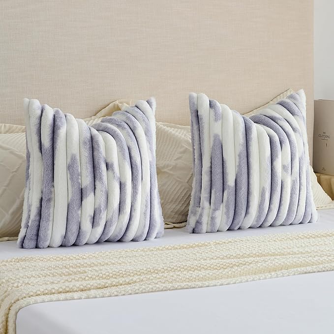 FUTEI Light Purple Decorative Throw Pillow Covers 20x20 Inch Set of 2, Soft Tie-Dye Faux Rabbit Fur Striped Texture Cushion Case, Modern Home Decor for Couch Bed Living Room
