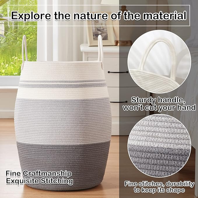 OIAHOMY Laundry Hamper Woven Rope Large Clothes Hamper 25.6" Height Tall Laundry Basket with Extended Handles for Storage Clothes Toys in Bedroom, Bathroom, Foldable (Dark Grey)