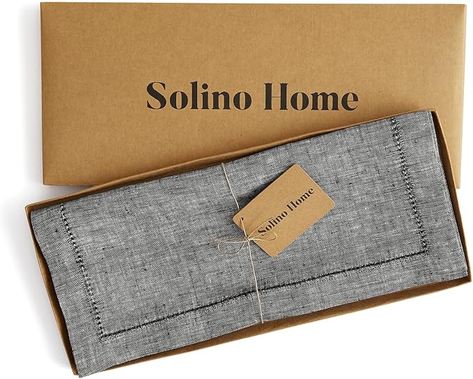 Solino Home Linen Table Runner 60 Inches - 100% Pure Linen Chambray Black Hemstitch Table Runner 14 x 60 Inch Ideal for Dresser and Coffee Tables - Fall, Halloween, Thanksgiving, Christmas - Milan