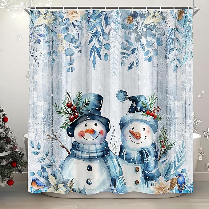 Blue Christmas Snowman Shower Curtain, Cute Winter Snowflake Snowman Poinsettia Floral Eucalyptus Leaves Decoration Xmas Shower Curtain for Bathroom, Fabric Holiday Bath Curtain Set with Hooks 72X72