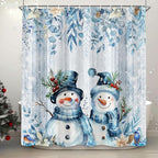 Blue Christmas Snowman Shower Curtain, Cute Winter Snowflake Snowman Poinsettia Floral Eucalyptus Leaves Decoration Xmas Shower Curtain for Bathroom, Fabric Holiday Bath Curtain Set with Hooks 72X72