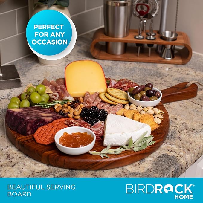 BIRDROCK HOME Acacia Wooden Cheese Serving Board with Handle - Charcuterie, Appetizers, Kitchen Platter, Grazing Board, Pizza, Meat, Bread, Cutting, Party, Food Display Tray - Espresso, 15", Round