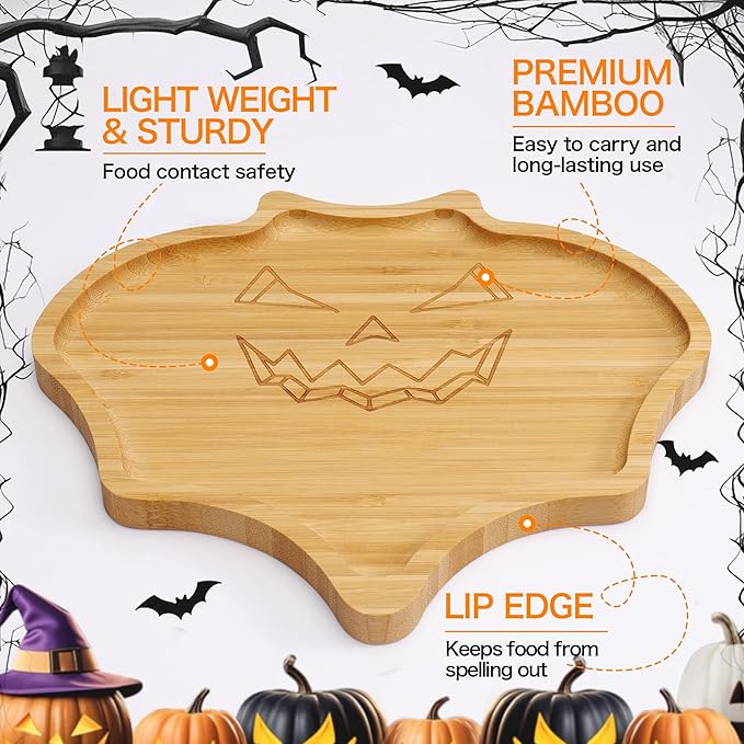 WILLKOMMEN Halloween Serving Platter, Bat Shaped Charcuterie Board, Bamboo Serving Tray 10" x 9" for Party Child Spooky Cheese Appetizer Board Serving Dishes Plate for Snacks, Candy, Cookies
