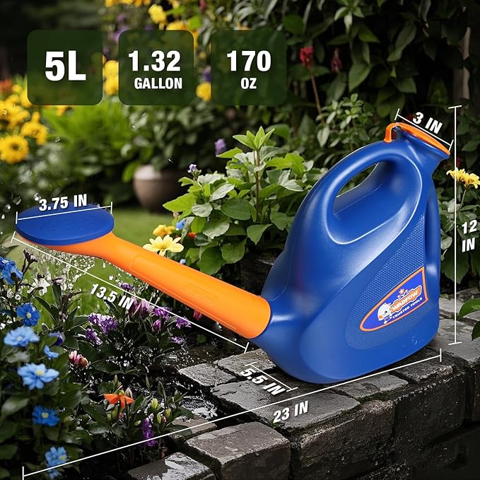 WKW1850T 1.32 Gallon Watering Can for Indoor & Outdoor, Watering Cans with Detachable Nozzle, Long Spout Watering Can for Indoor Plants Garden Flowers, 5L/170OZ