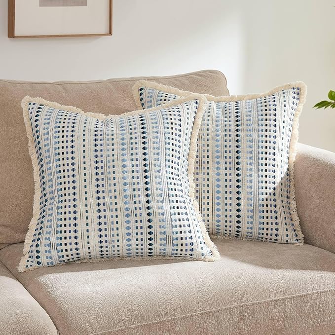 Decorative Pillow Covers Set of 2, Boho Farmhouse Couch Throw Pillows with Tassels, Textured Small Dot Pattern Cushion Cases for Sofa Living Room Home Decor (Blue, 22" x 22" (Pack of 2))