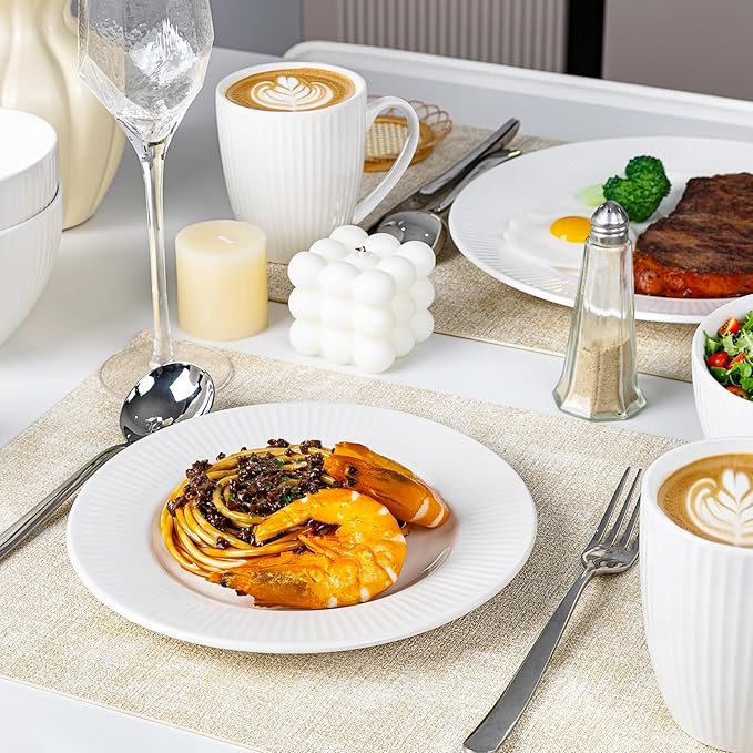 16 Piece Porcelain Dinnerware Sets for 4, White Plates and Bowls Sets with Mugs, Dishwasher and Microwave Safe - Embossed Stripe Decro, Elegant Kitchen Dish Sets, QOMO-1996