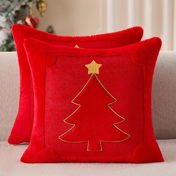 DFXSZ Christmas Pillow Covers 18x18 Yellow Star Red Christmas Tree Decoration Soft Plush Faux Fur Jacquard Throw Pillows for Bedroom Sofa Holiday Festivals Winter Home Decor PTK063B18