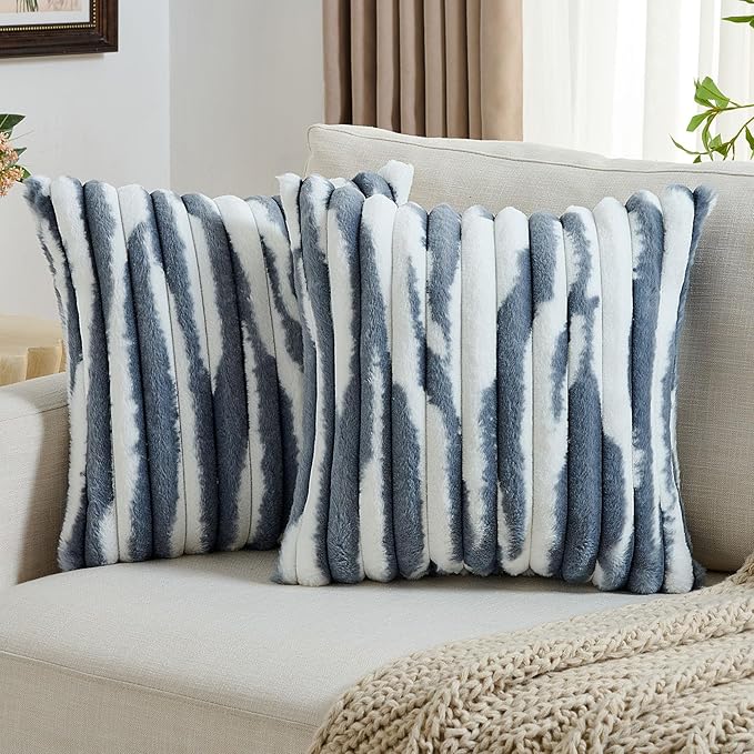FUTEI Blue Decorative Throw Pillow Covers 26x26 Inch Set of 2, Soft Tie-Dye Faux Rabbit Fur Striped Texture Euro Pillow Sham, Modern Home Decor for Couch Bed Living Room