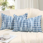 Boho Decorative Throw Pillow Covers 12x20 Inch, Chenille Tufted Pillow Cover Striped Textured Lumbar Farmhouse Accent Pillowcase for Couch Sofa Bedroom Living Room, Blue White Stripe, 2 Pack