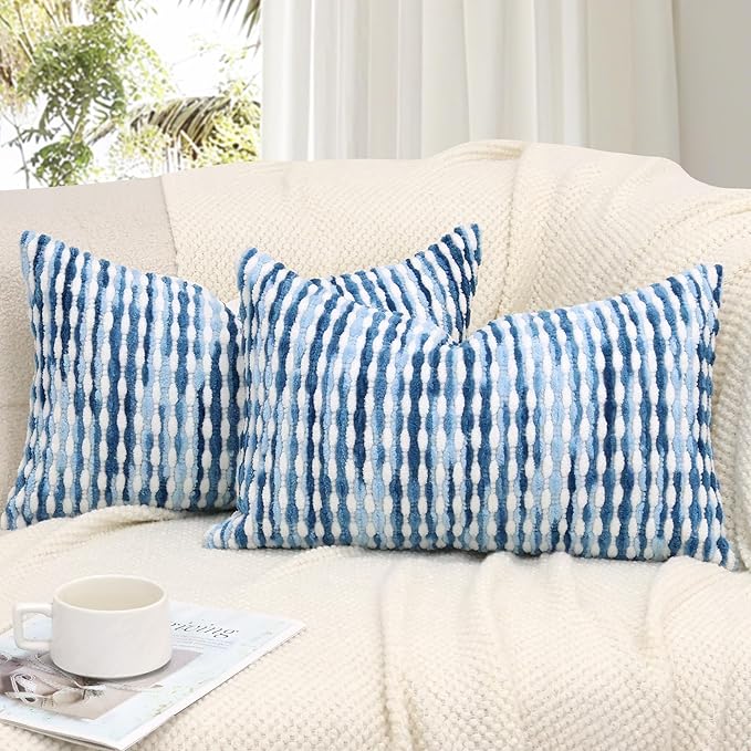 Boho Decorative Throw Pillow Covers 12x20 Inch, Chenille Tufted Pillow Cover Striped Textured Lumbar Farmhouse Accent Pillowcase for Couch Sofa Bedroom Living Room, Blue White Stripe, 2 Pack