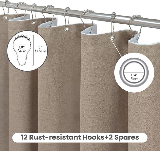 Inhousolu Boho Farmhouse Shower Curtain with Fabric Liner Set, Faux Linen Textured, 14 Metal Hooks Luxury Weighted Hem, Washable Wrinkle Free Bath Curtain for Hotel Bathroom 72" W x 78" L Beige