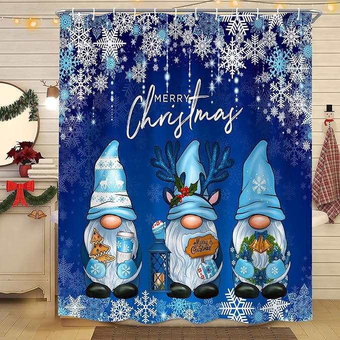 Blue Christmas Shower Curtain, Cute Christmas Gnome Shower Curtain Set, Winter Snowflakes Snow Xmas Shower Curtain Holiday Bathroom Decor, Durable Fabric Machine Washable with Hooks, 72 x 72 Inches