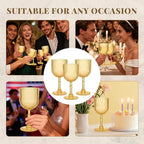 Plastic Wine Glasses 9oz Set of 24, Gold Ribbed Vintage Goblets Unbreakable Reusable BPA-Free Stemmed Drinking Glasses for Parties, Weddings & Events