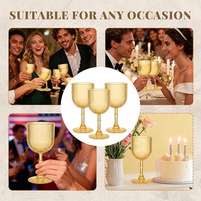 Plastic Wine Glasses 9oz Set of 24, Gold Ribbed Vintage Goblets Unbreakable Reusable BPA-Free Stemmed Drinking Glasses for Parties, Weddings & Events