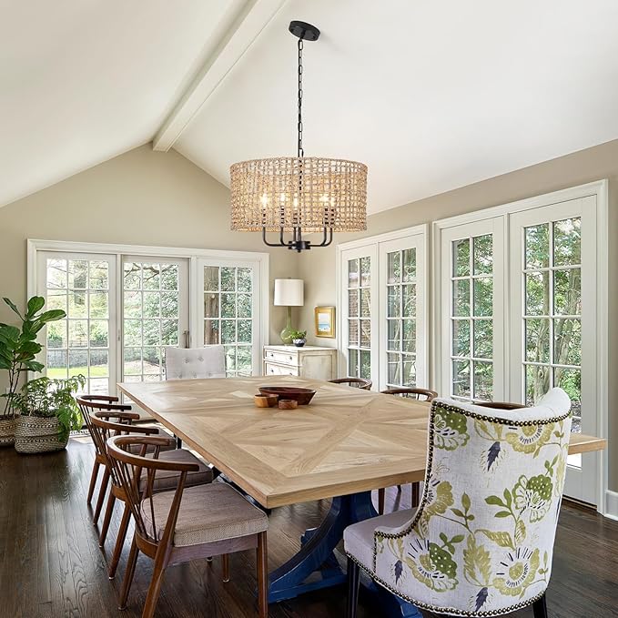 18.9" Hand-Woven Rattan Chandelier 5 Lights Farmhouse Boho Chandeliers for Dining Room Light Fixture Drum Wicker Hanging Pendant Lighting for Living Room Kitchen Island Foyer Hallway, E12