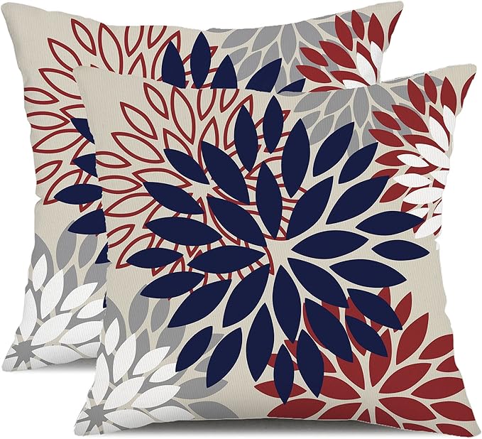DFXSZ 4th of July Pillow Covers 18x18 Inch Set of 2 Patriotic Blue Red Floral Outdoor Waterproof Decorative Throw Pillows Polyester Pillow Covers Decor for Patio Funiture Garden Couch 002H18