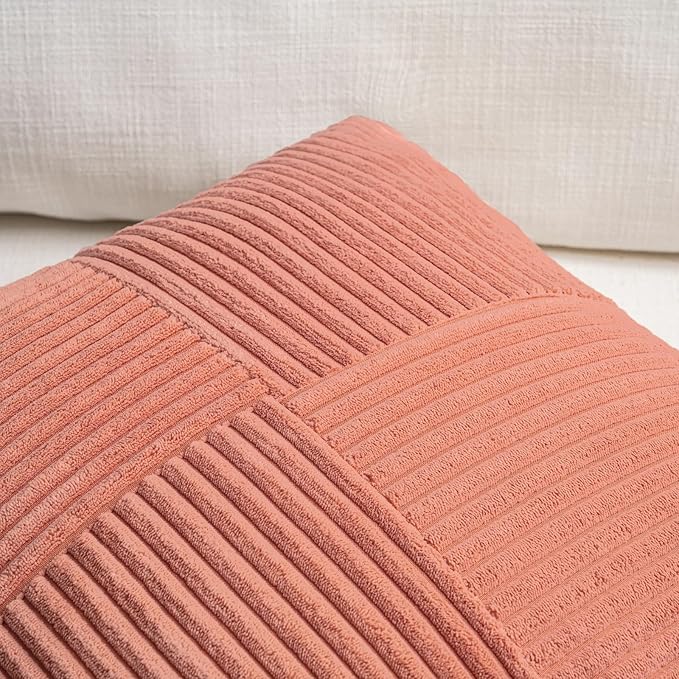 Fancy Homi 2 Packs Coral Euro Decorative Throw Pillow Covers 26x26 Inch for Living Room Couch Bed, Farmhouse Boho Home Decor, Soft Corss Corduroy Patchwork Textured Square Peach Cushion Case 66x66 cm