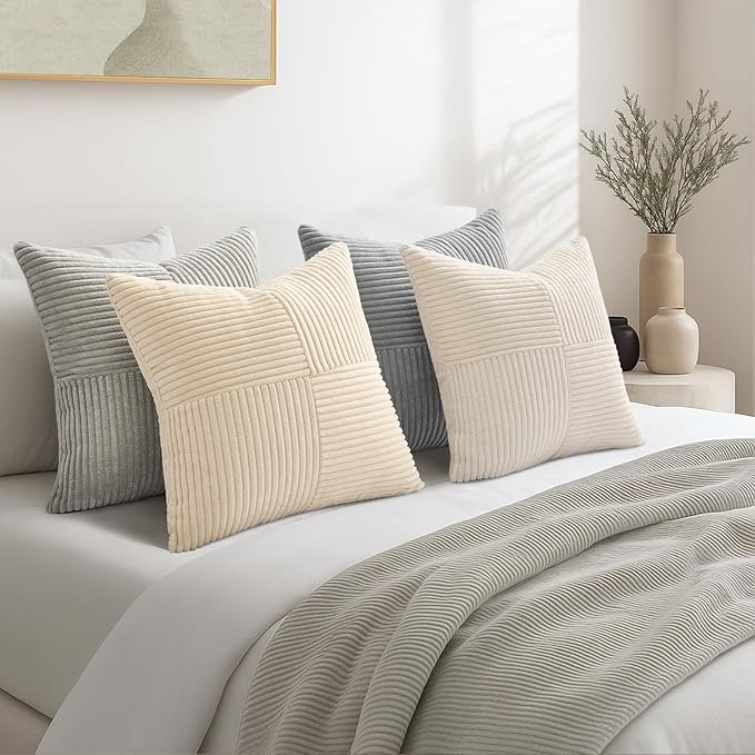 Topfinel Neutral Throw Pillow Covers for Couch,Boho Cozy Soft Cushion Covers Set of 4 with Corduroy,Nordic Accent Pillowcases for Sofa,Bed,Living Room Home Decor 18×18 Inch (Cream,White)