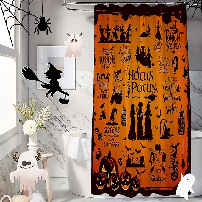 Metawu Halloween Shower Curtain Witch Shower Curtains Sets Witch Bat Spider Web Bathroom Curtain for Kids Waterproof Bathtubs Curtain 72"×72" with 12 Hooks Bathroom Decor