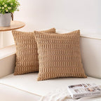 Pack of 2 Corduroy Decorative Throw Pillow Covers 20x20 InchSoft Striped Pillow Covers Modern Farmhouse Home Decor for Sofa Living Room Couch Bed（Coffee）