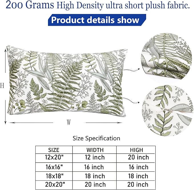 Decorative Throw Pillow Covers Set of 2 Olive Green Leaves Pillow Covers 12x20 inch Soft Short Plush Square Floral Throw Pillows,Farmhouse Outdoor Pillow Covers for Couch Bed Living Room