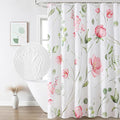 QiyI Watercolor Floral Shower Curtain, 3D Embossed Butterflies Pink Flower Bathroom Curtains, Minimalist Farmhouse Bath Curtain, Waterproof Fabric Green Leaves Shower Curtain Set with Hooks, 72x72