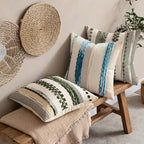 ANRODUO Pack of 2 Boho Decorative Throw Pillow Covers 18x18 Farmhouse Cushion Case Striped Chenille Pillow Cases Square Pillow Covers Accent Neutral Pillowcase for Sofa Couch Bed, Sky Blue Stripe 2
