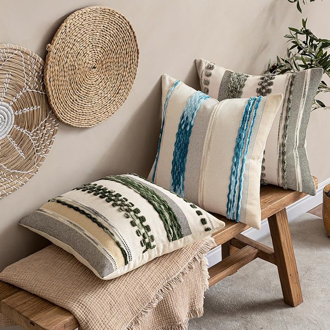ANRODUO Pack of 2 Boho Decorative Throw Pillow Covers 18x18 Farmhouse Cushion Case Striped Chenille Pillow Cases Square Pillow Covers Accent Neutral Pillowcase for Sofa Couch Bed, Sky Blue Stripe 2