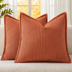 Mecatny Corduroy Fall Throw Pillow Covers 20x20 Set of 2, Neutral Decorative Soft Burnt Orange Boho Couch Pillow Covers with Broadside for Sofa Living Room, Rust
