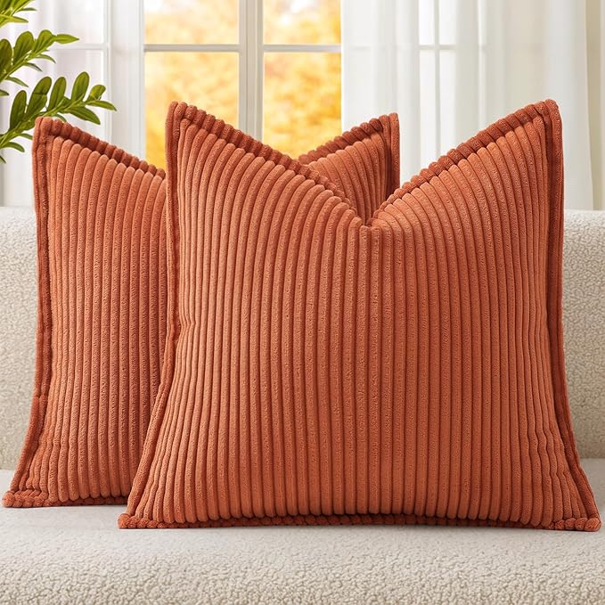 Mecatny Corduroy Fall Throw Pillow Covers 26x26 Set of 2, Neutral Decorative Soft Burnt Orange Boho Couch Pillow Covers with Broadside for Sofa Living Room, Rust