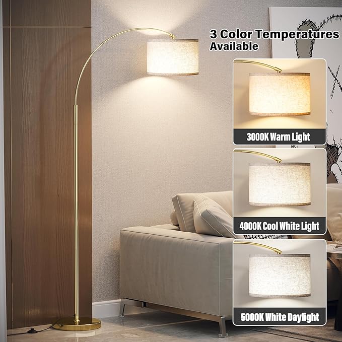 SUNMORY Arc Floor Lamp with 3 Color Temperature, Modern Floor Lamp with 9w A19 LED Bulb, 75″ Height Tall Lamp for Living Room with Hanging Drum Shade & Weighted Base. Arched Standing Lamp for Bedroom