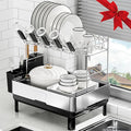 Dish Drying Rack, 2 Tier Large Dish Rack, Stainless Steel Dish Drainer for Kitchen Counter, Dishes Rack with Automatic Drainage, Utensil Holder,Cups Holder,Space Saving Kitchen Organizer,Black