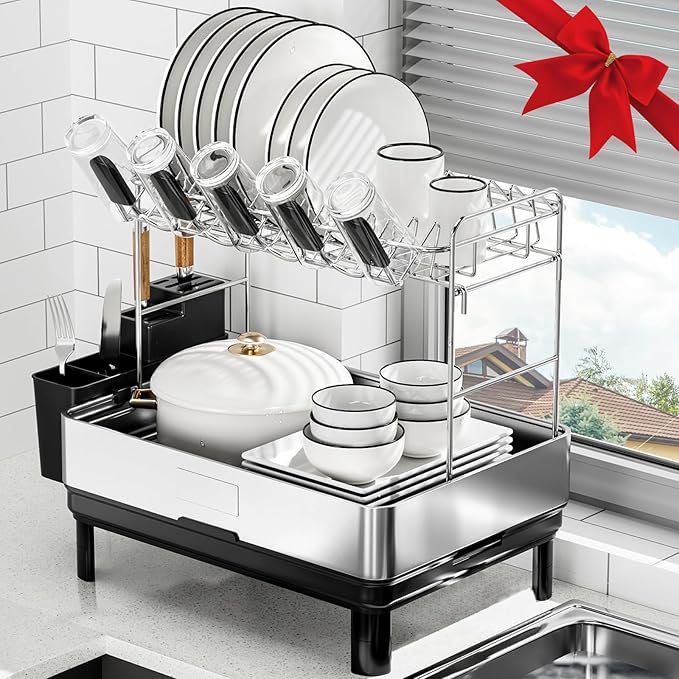 Dish Drying Rack, 2 Tier Large Dish Rack, Stainless Steel Dish Drainer for Kitchen Counter, Dishes Rack with Automatic Drainage, Utensil Holder,Cups Holder,Space Saving Kitchen Organizer,Black