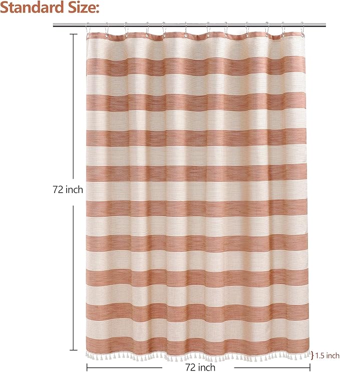 Boho Farmhouse Heavyweight Shower Curtain with Tassels, Rustic Cotton Linen Woven Fabric Striped Shower Curtain Water Repellent, Rusty Red Shabby Chic Shower Curtains for Bathroom
