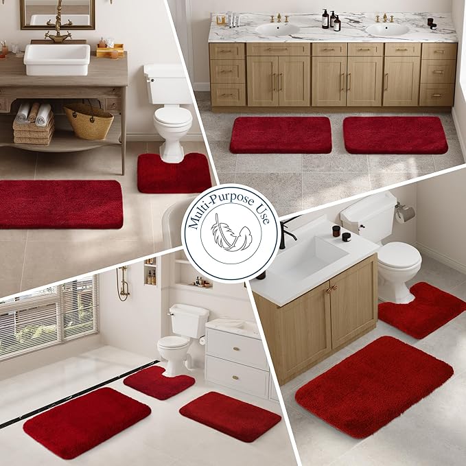 Walensee Contour Rug (20x24, Red) Non Slip Bath Mat, Soft Microfiber Shaggy Mat, Machine Washable, U Shape Toilet Rug