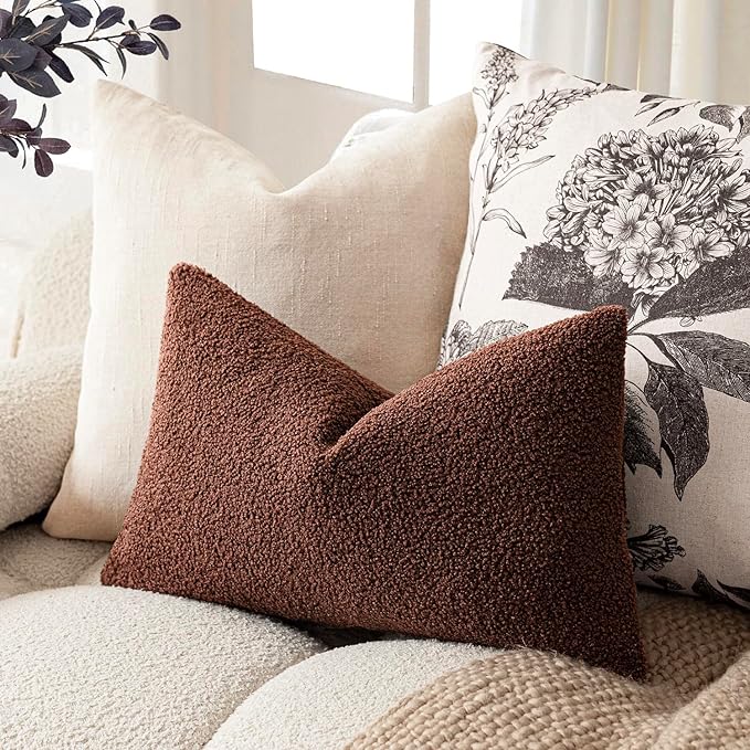 Foindtower Pack of 2, Curly Faux Fur Decorative Throw Pillow Covers Soft Fuzzy Plush Cushion Case with Zipper Cozy Pillowcase for Home Living Room Couch Bed Sofa 12 x 20 Inch,Red Brown