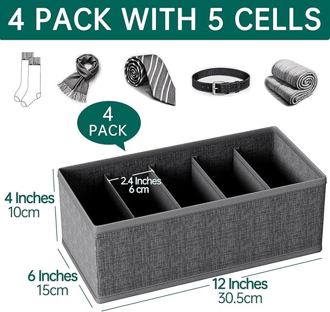 4-Pack Collapsible Fabric Drawer Organizers - 12"x6"x4" Foldable Storage Box with 5 Compartments, Closet Dividers for Socks, Ties, Belts, Accessories (Grey)
