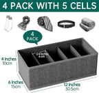 4-Pack Collapsible Fabric Drawer Organizers - 12"x6"x4" Foldable Storage Box with 5 Compartments, Closet Dividers for Socks, Ties, Belts, Accessories (Grey)